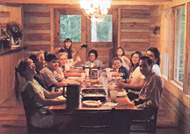 The whole family in the dining room having breakfast.